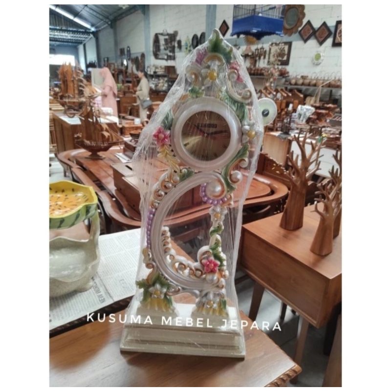 Jam Meja Ukir Bunga Kayu Jati (Tinggi 67cm)