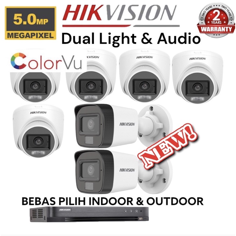 paket camera cctv 7 kamera hikvision 5mp dual light colorvu + audio build built in mic 8 channel ch bisa rekam suara 8ch