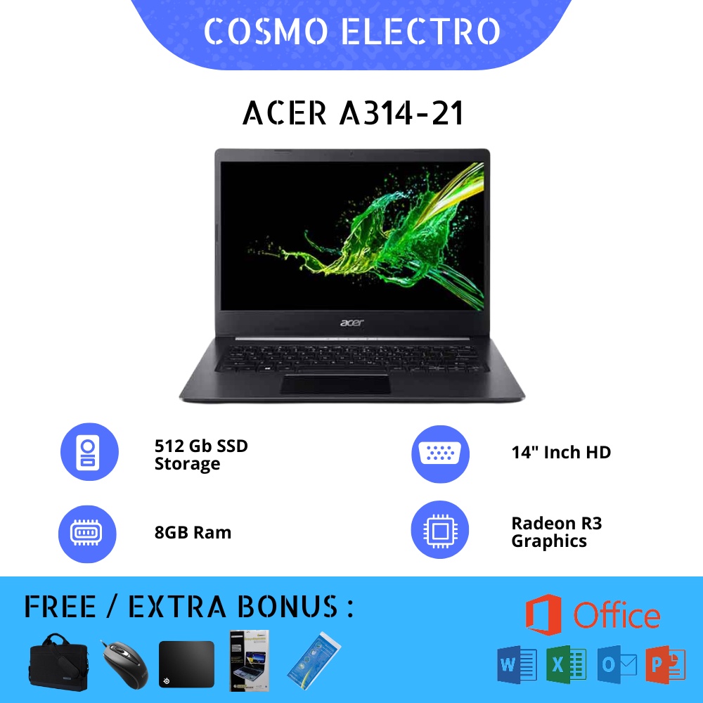 ACER ASPIRE 3 A314-21 AMD A4-9120E | 8GB RAM 512GB SSD | 14 INCH WINDOWS 10 + OFFICE - BONUS TAS LAP