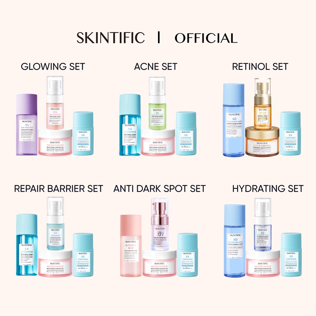 SKINTIFIC 4pcs Paket Skincare Sunscreen + MSH Niacinamide Moisture Gel + Exfoliating Toner / Soothing Toner + Brightening Serum / Anti Acne Serum / Barrier Repair Serum / Hydrating Serum