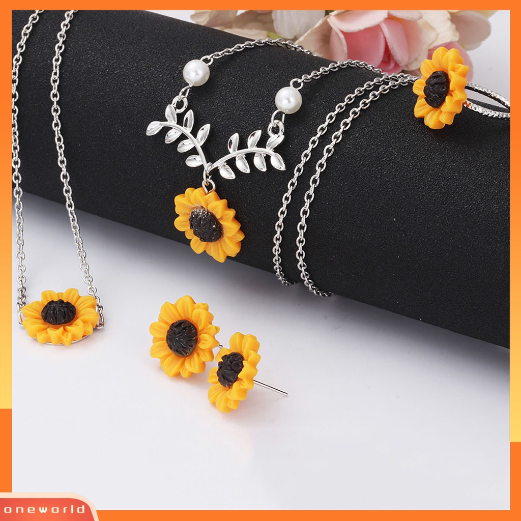 [oneworld] 4pcs/set Perhiasan Wanita Set Bentuk Bunga Matahari Hidup Stainless Daun Dekorasi Wanita Kalung Cincin Perhiasan Set Untuk Pernikahan