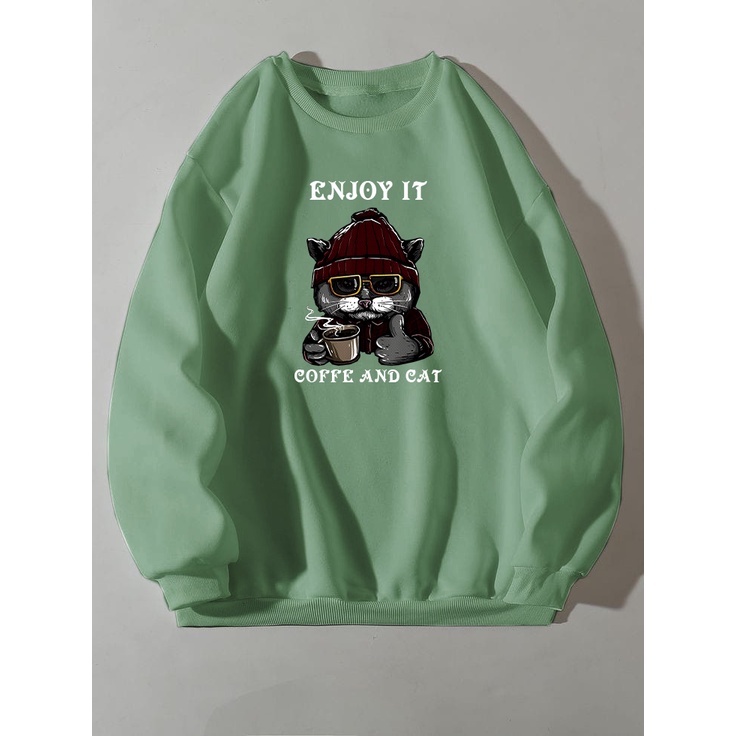 Sweater Crewneck Pria Wanita COFFE AND CAT / Switer Jumper Pria Wanita Bahan Fleece