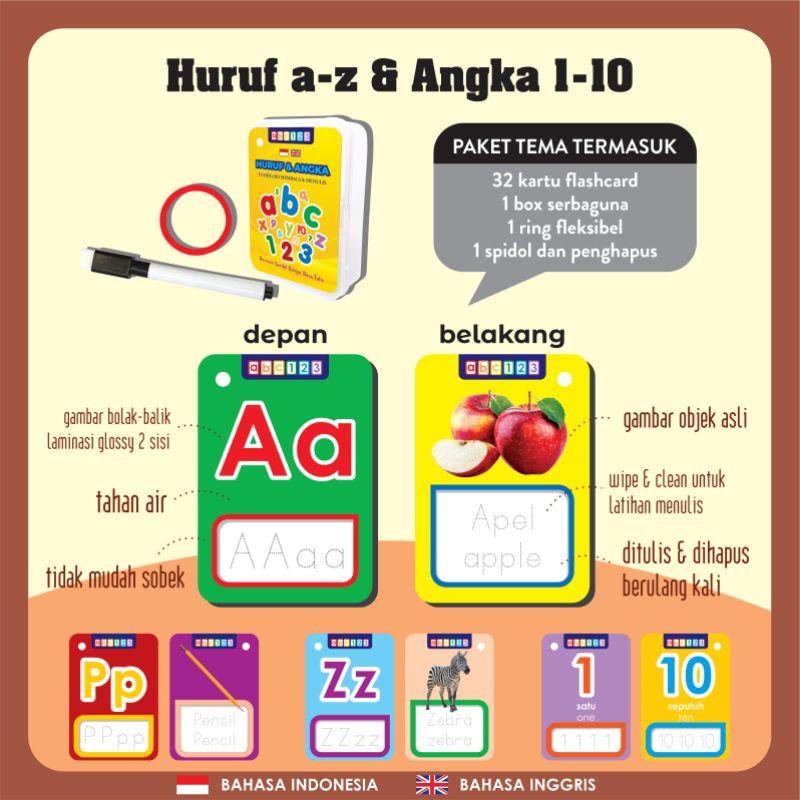 Flash Card WIPE and CLEAN ( bonus RING + SPIDOL + BOX SERBAGUNA ) Flashcard Mainan Edukasi Kartu Pintar Anak