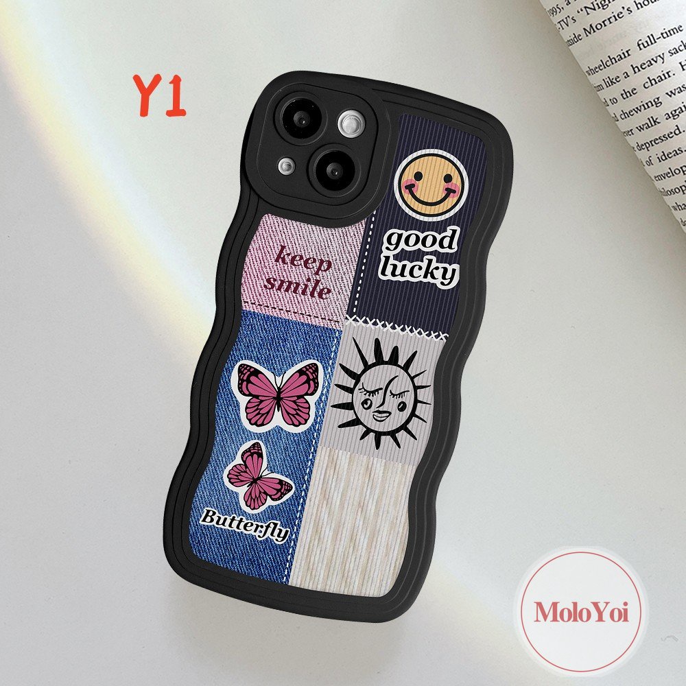 IPHONE Case Pasangan Untuk Iphone12 13 14 Pro Max 11 Pro Max6 6S 7 8 Plus XR X XS Max SE 2020 INS Fashion Lucu Manis Senyum Splicing Kupu-Kupu Art Label Tepi Bergelombang Lembut TPU Penutup Belakang
