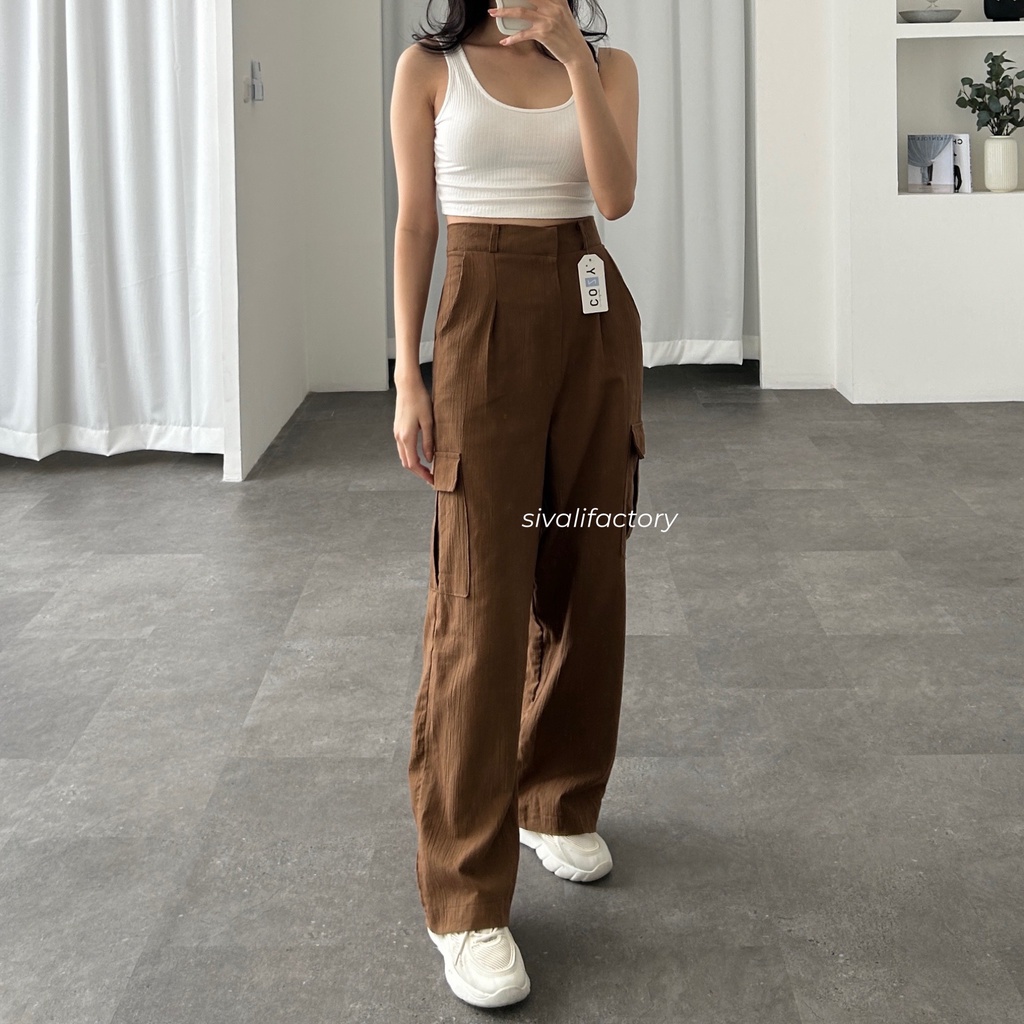 SIVALI Willow Cargo Pants - Celana Kargo Ukuran Petite Linen Crinkle Highwaist - Baggy Cullote Pants