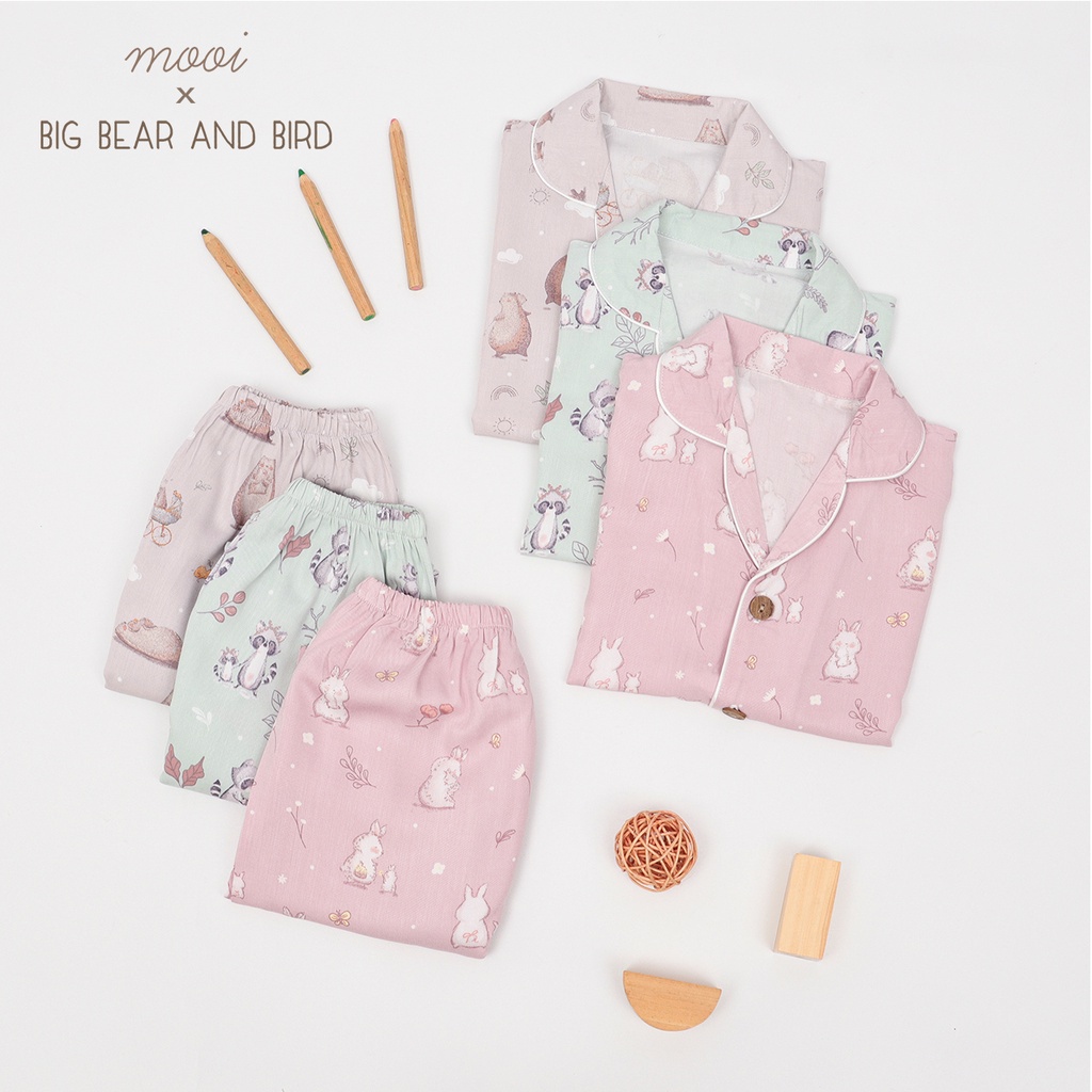 Baju Tidur Bayi Piyama Anak Mooi x Big Bear &amp; Bird  Short Pajamas Kids 1-10 Tahun