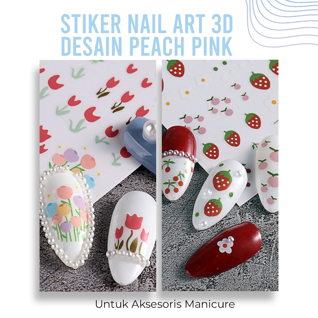 MSY Stiker Nail Art 3D Desain Peach Pink/Bunga/Buahan Untuk Aksesoris Manicure/Nail Decoration Cute