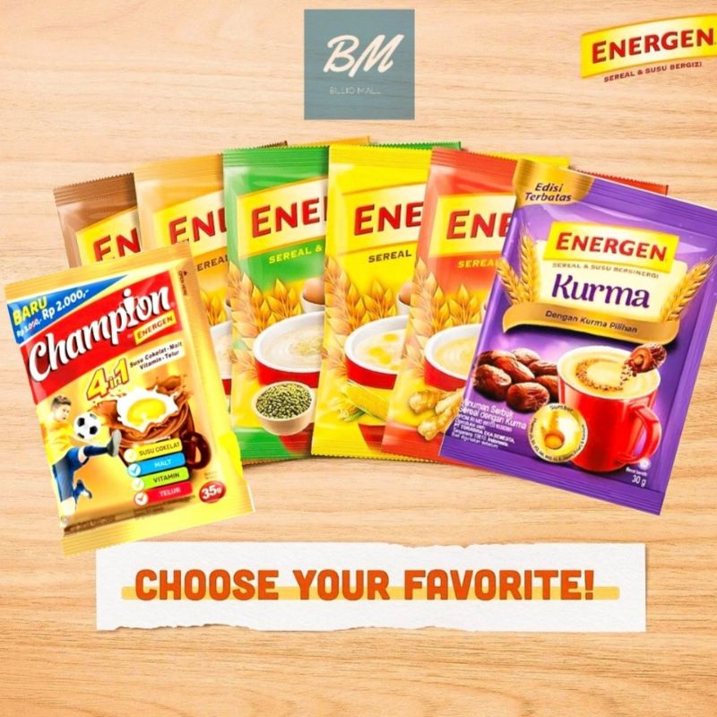 

Energen Sereal All Variant 10 Pcs / Energen Sereal 10 x 30 gr / Energen Sereal Renceng isi 10 Sachet / Energen Vanilla 10 x 30 gr / Energen Coklat 10 x 30 gr / Energen Kurma 10 x 30 gr / Energen Kacang Hijau 10 x 30 gr / Energen Jahe 10 x 30 gr / Champion