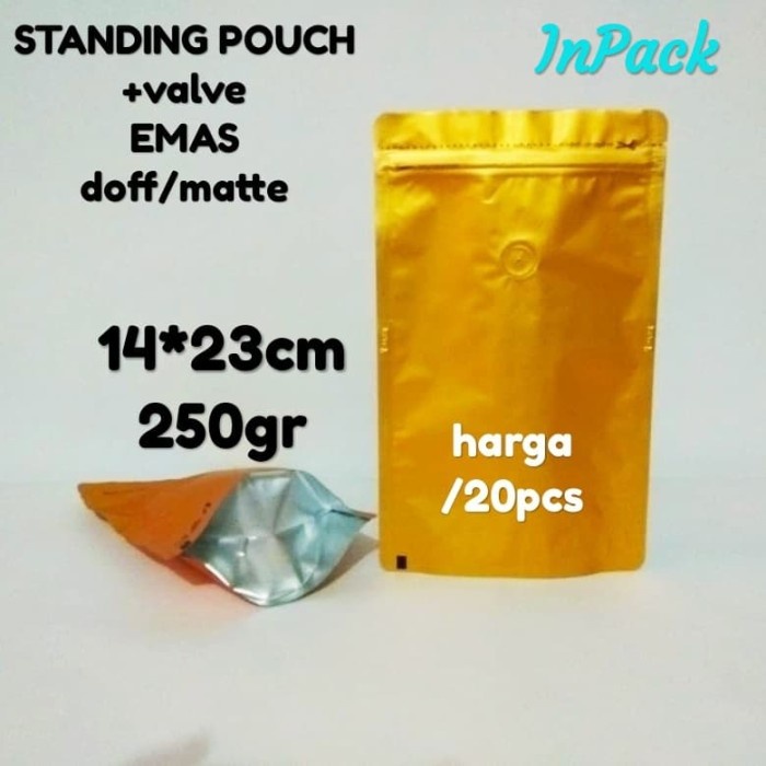 

Terlaris ✨ - kemasan kopi standing pouch emas doff/matte 250gr (isi 20pcs) kpack 2.1.23