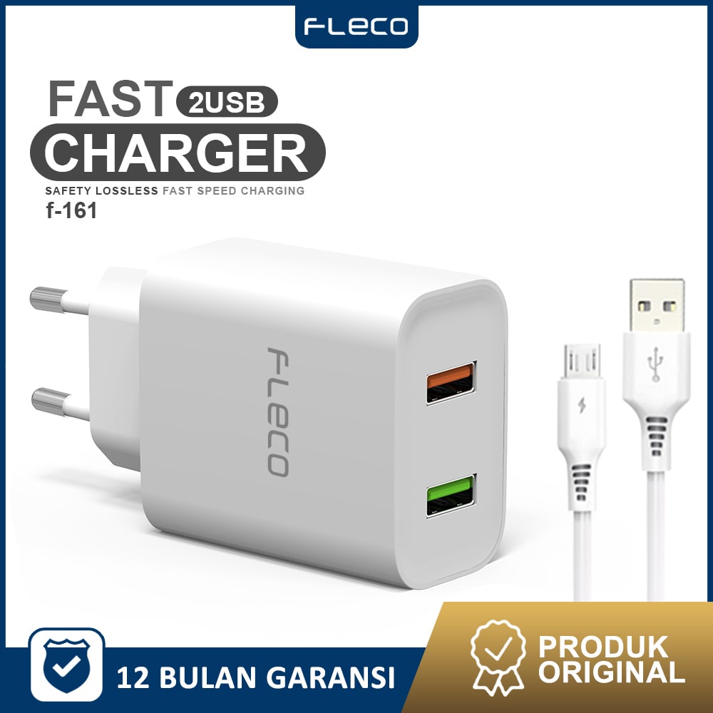 Charger Travel Adaptor 2 Ports Colokan USB 2 Fast Charging FREE kabel micro F-161 FLECO