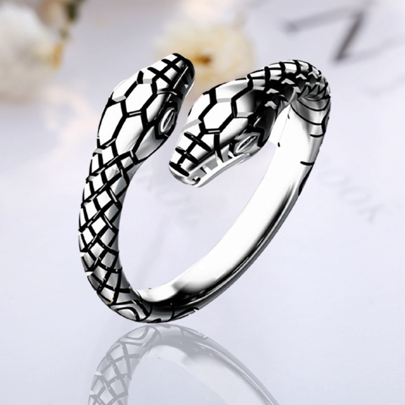 925 Sterling Perak Vintage Ganda Kepala Ular Thai Perak Wanita Jari Cincin Perhiasan Unisex Terbuka Adjustable Ukuran Cincin Man