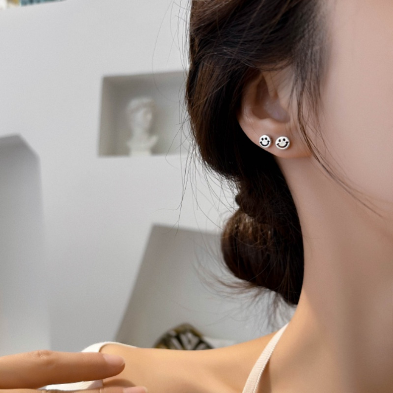 Magic789 Korea s925 Perak Berongga Wajah Senyum Stud Anting-Anting Untuk Wanita Perempuan Hypoallergenic Lucu Kecil Anting-Anting Pakaian Sehari-Hari Telinga Perhiasan