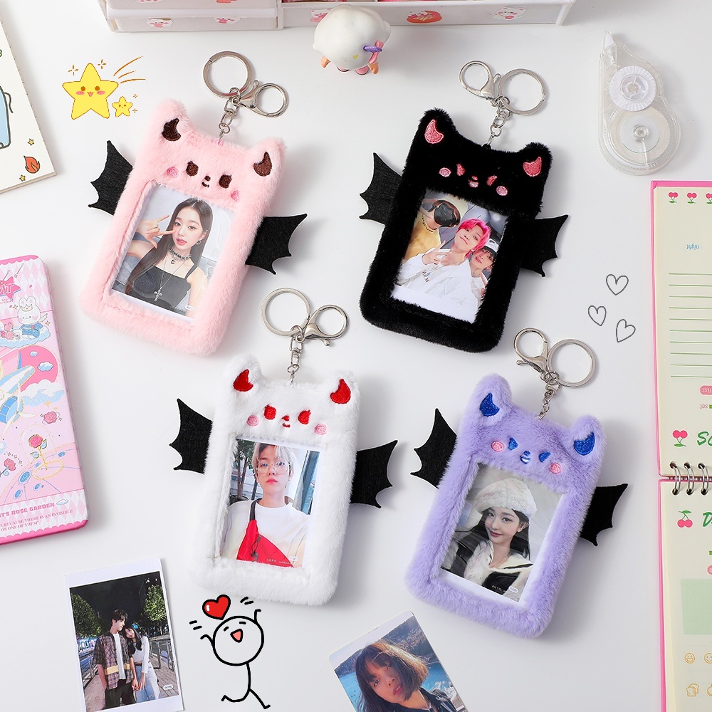 Kawaii Little Devil Plush Card Holder 3inch Idol Photocard Sleeves Cover Cute Soft Rabbit Bus Card Foto Pelindung Case Alat Tulis
