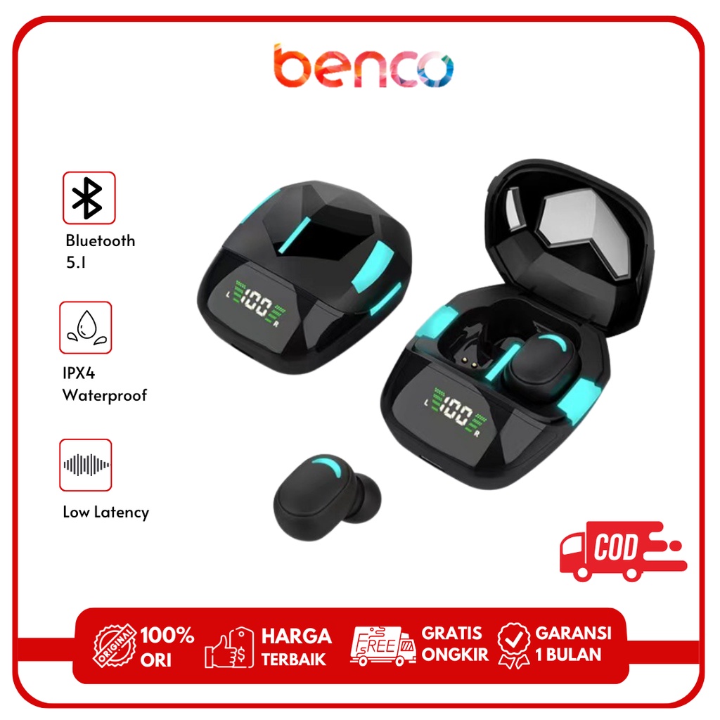 BENCO TWS Gaming Headset Bluetooth BT5.1 Wireless Bass HiFi In Ear Stereo Waterproof Low Latency LED
