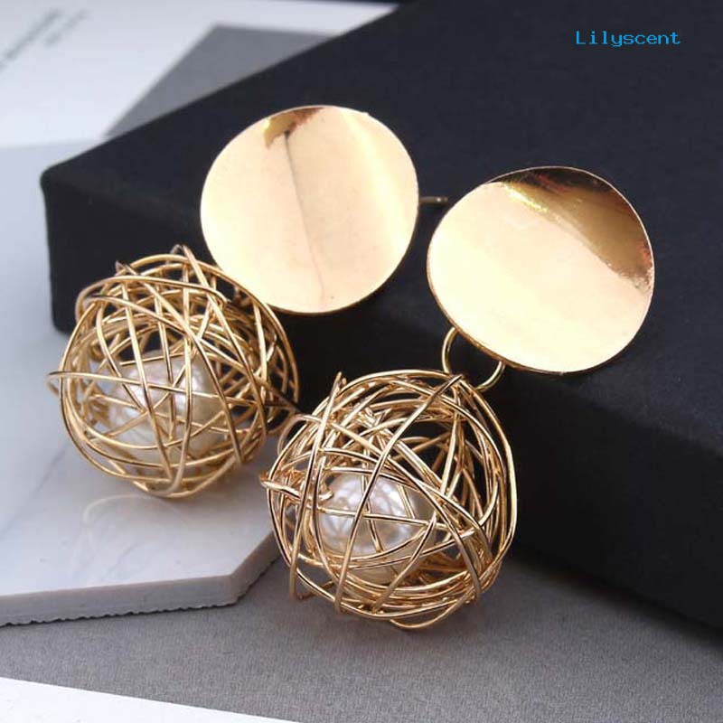 [LS] Fashion Wanita Geometris Anyaman Berongga Bola Mutiara Imitasi Drop Earrings Perhiasan Hadiah