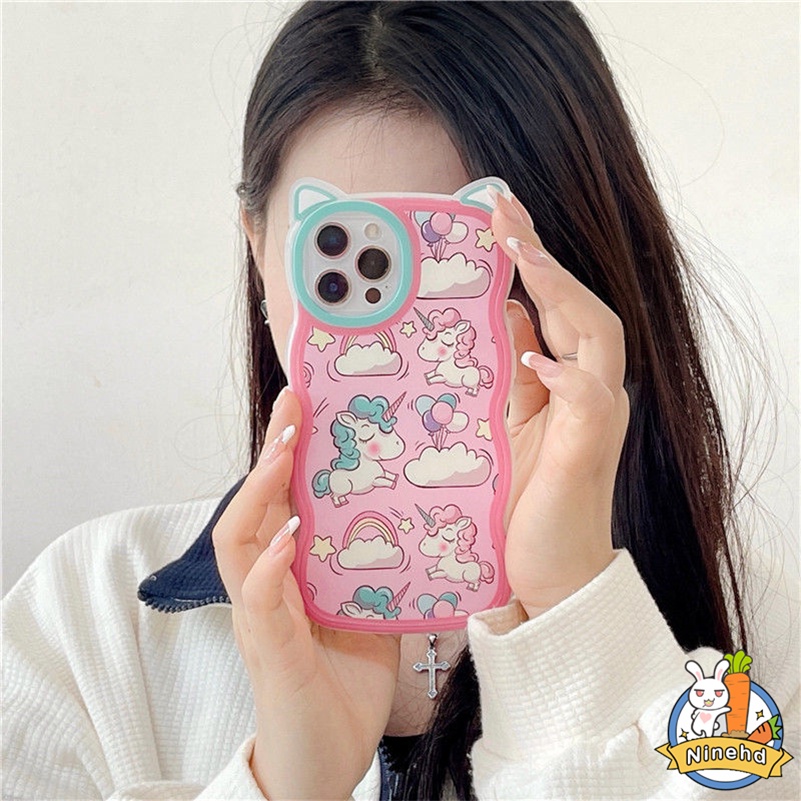 IPHONE Casing Kompatibel Untuk Iphone14 13 12 11 Pro Max X Xr Xs Max8 7 6 6s Plus SE Casing Ponsel Telinga Kucing Unicorn Kartun Lucu Lembut Bergelombang Edge Case Silicon Anti-Shock Bumper Cover Pelindung