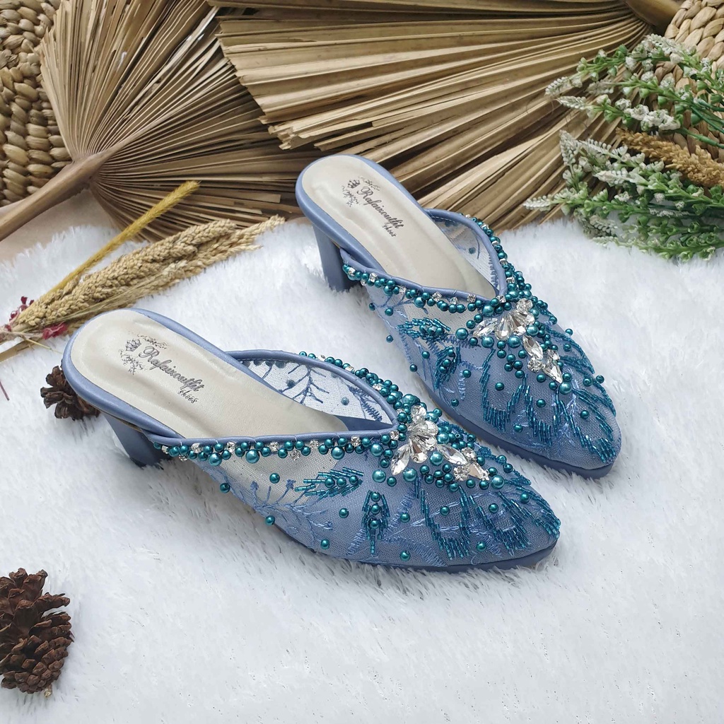 Sepatu wedding pesta cantik alena iceblue &amp; olive hak tahu 5/7 cm