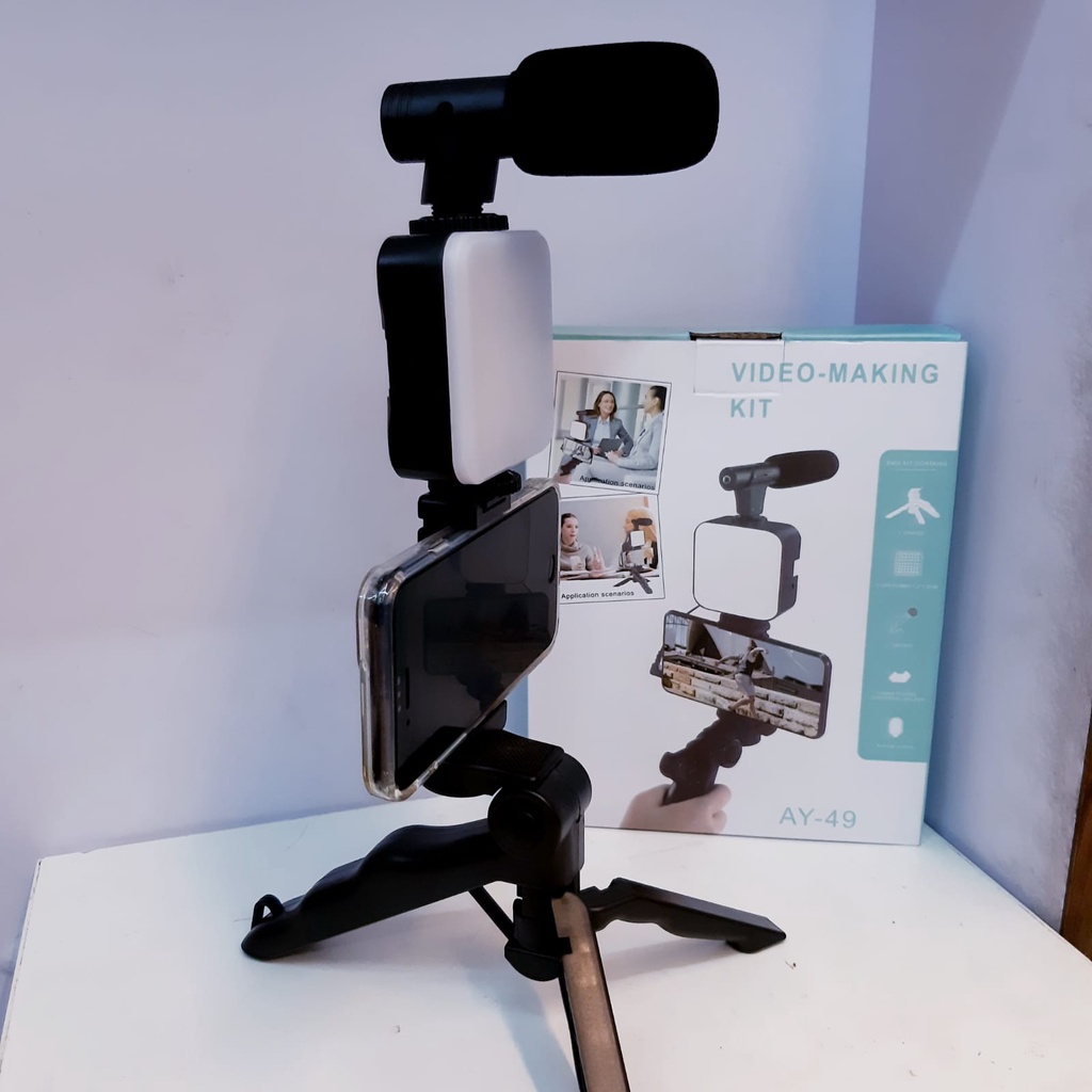 Tripod Vloger Video Making Kit Vlogging Set Video Livestream TRIPOD+MICROPHONE+LAMPU LED AY-49