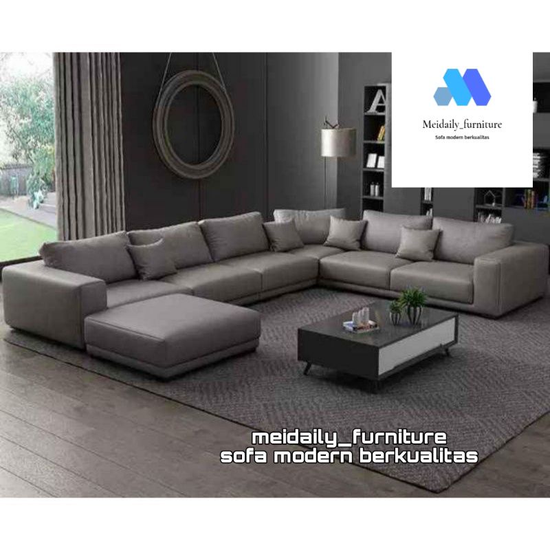 Sofa Kulit Lette U Kursi Ruang Tamu Minimalis Modern Mewah Kayu Jati Kualitas Premium