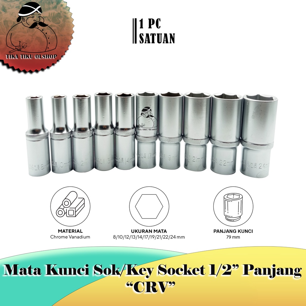 Mata Kunci Sok 1/2"/Mata Shock 8-24mm CR-V Silver PANJANG [SATUAN/Pc]