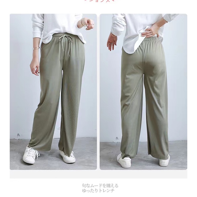 Stok bersih!Dasi Celana Wanita Kasual Longgar Sutra Es Wide Leg Long Pants