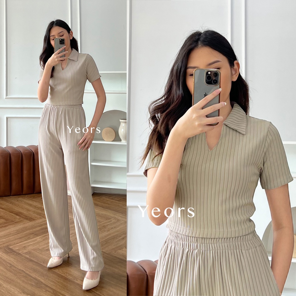 Yeors - Rib Knit Sierra Set Crop Korean Polo Top and Pants Rib Knit Premium  - Baju Atasan dan Celana Wanita Murah Berkualitas - Korean Loose Pants Trousers Wanita - Loungewear - Setelan Baju Wanita - Women Top Knitwear -  Crop Top Murah