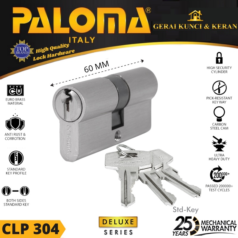 Double Cylinder Paloma CLP 304 DELUXE CK-SK 60MM SN  Standard Key Kunci Silinder Pintu