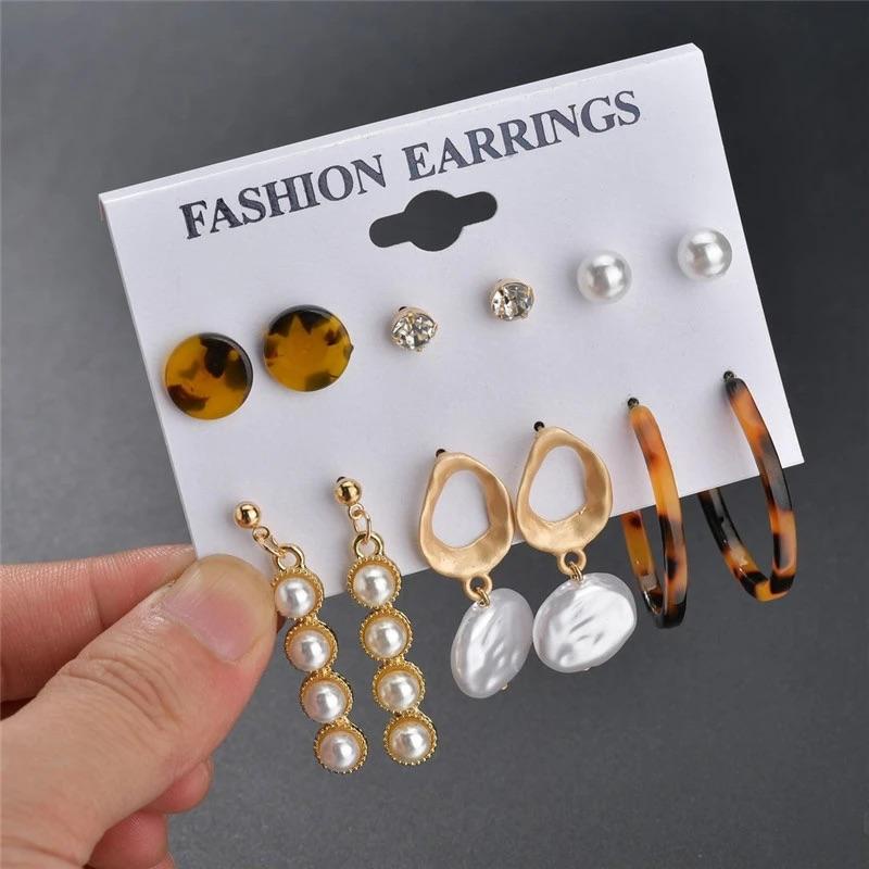 Anting Set 12 pcs / 6 Set Model Raisin Loreng Macan Mutiara Kristal Hati Aksesoris Wanita Korea