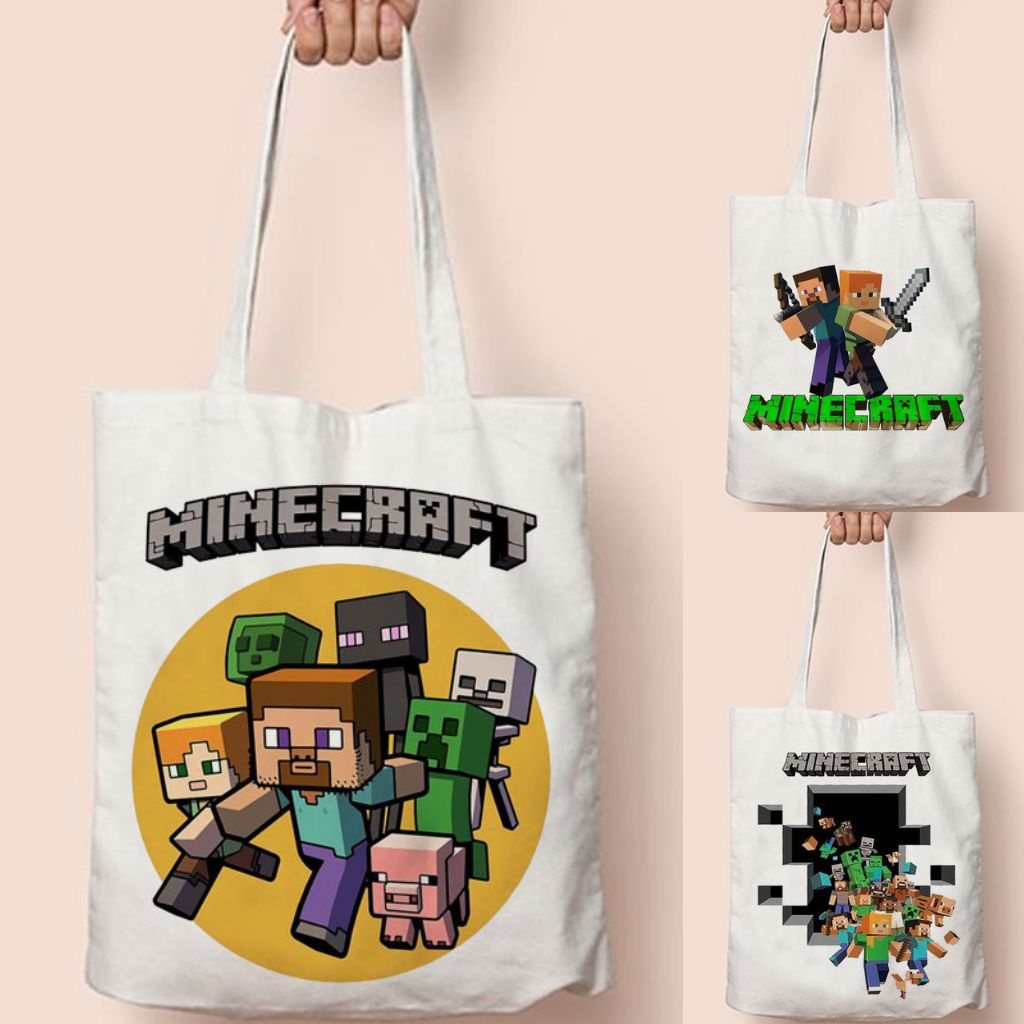 Totebag Tote Bag Minecraft Lucu Goodie Bag Souvenir Ulang Tahun Ultah Tas Kanvas Les Anak Sekolah Bingkisan Snack