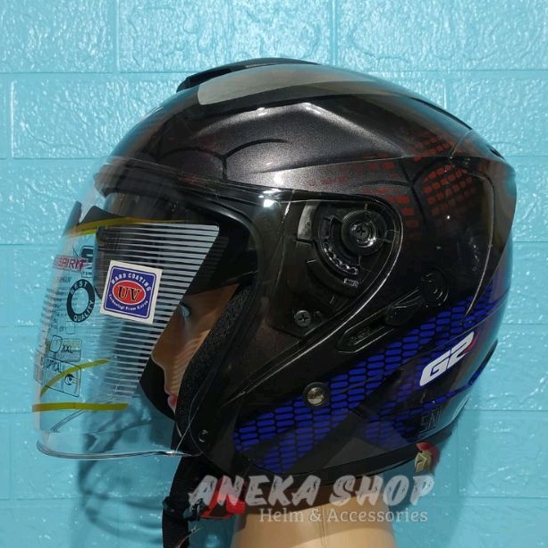 HELM G2 OPTIMAX MOTIF SPIDER | GUN METAL/BLUE | DOUBLE VISOR | HELM SNI