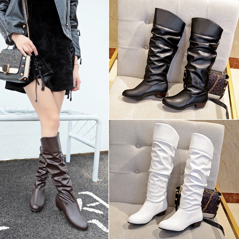 ✅PINKEY P130 Boots/Sepatu Winter Overknee Leather Kulit Fashion Wanita Black