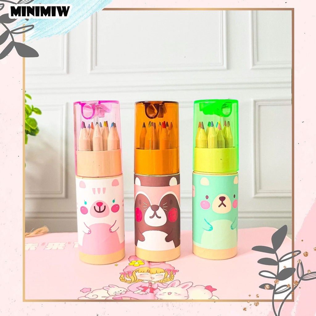 SET 12 PENSIL WARNA TABUNG + RAUTAN ALAT TULIS UNIK IMUT MURAH LUCU