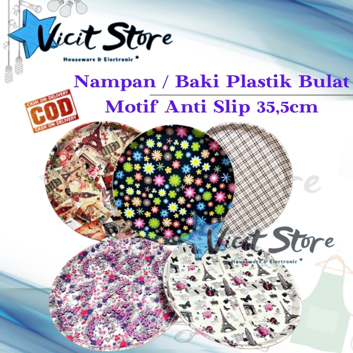 Nampan / Baki Bulat Plastik Motif Anti Slip 35.5cm