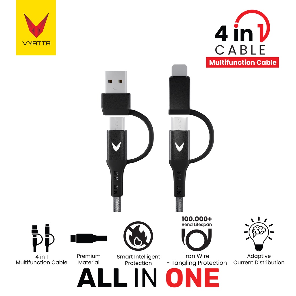 VYATTA 4in1 CABLE 66W USB TYPE C LIGHTNING IPHONE SAMSUNG XIAOMI