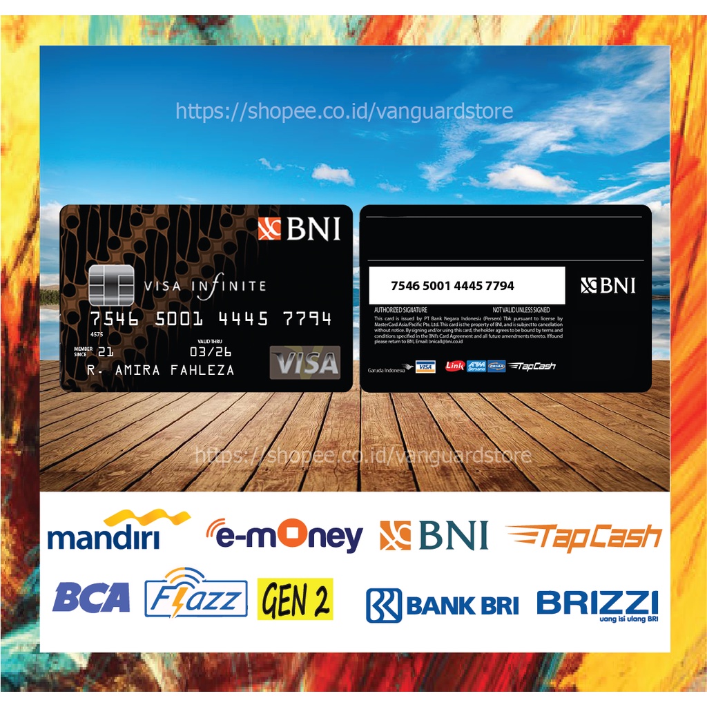 KARTU E MONEY E TOLL KARTU VISA BNI BATIK COKLAT DEBIT CREDIT EMONEY MANDIRI FLAZZ BCA BNI TAPCASH BRIZZI BRI - 2 SISI