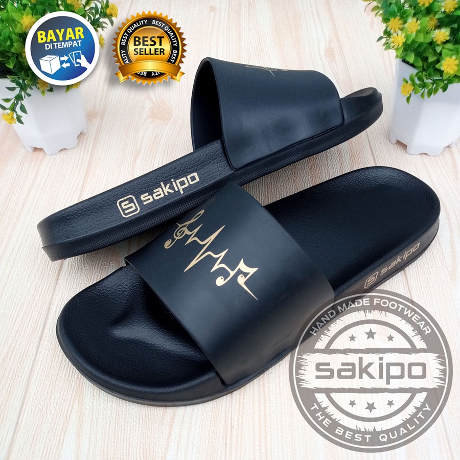 PROMO 2.2 COD SALE !! SANDAL DISTRO KEREN KEKINIAN PRIA DEWASA REMAJA SLIDE HITAM EMAS MOTIF FREKUENSI NADA / SENDAL SLIDE MURAH TERBARU / SENDAL TAHAN AIR TERMURAH / SAKIPO