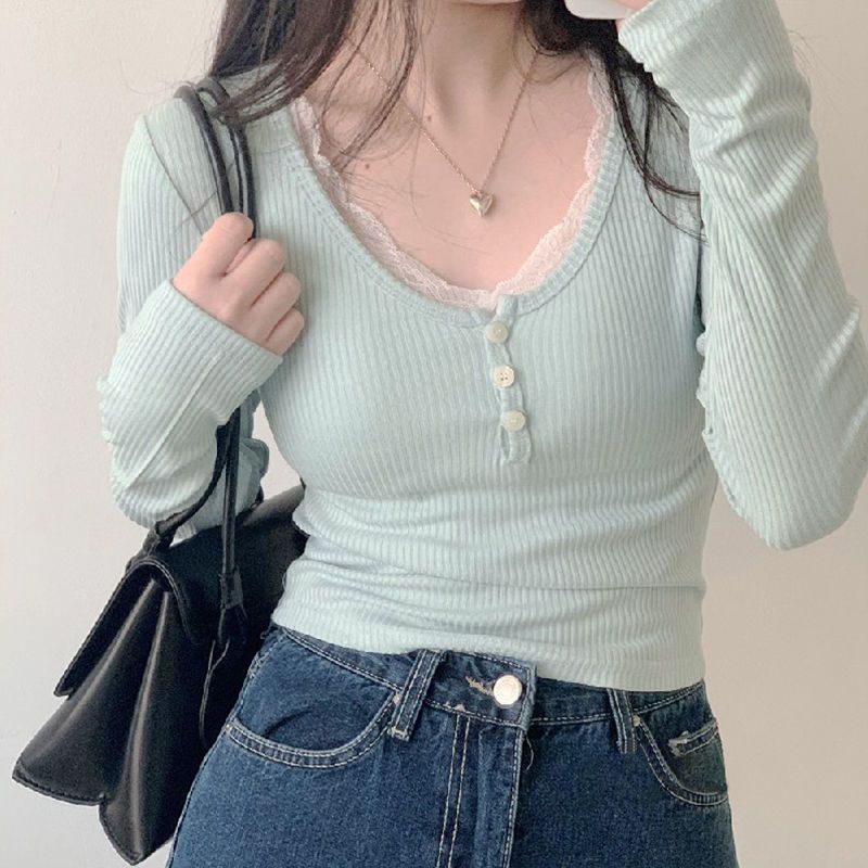 Red Amyway girly milky blue lace stitching round neck button T-shirt Atasan ramping lengan panjang yang simpel dan serbaguna