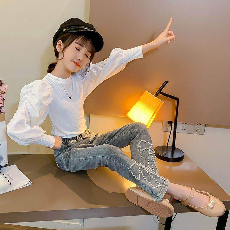 Baju Setelan Celana Jeans Cut Bray Anak ABG Perempuan Ribbon Pearl