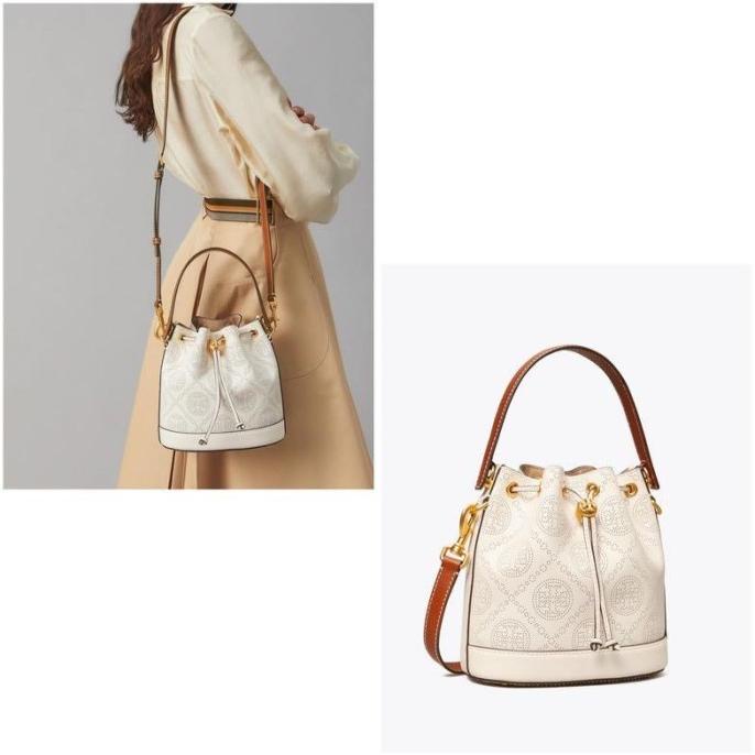 TORY BURCH T MONOGRAM PERFORATED LEATHER BUCKET BAG 100%ORIGINAL
