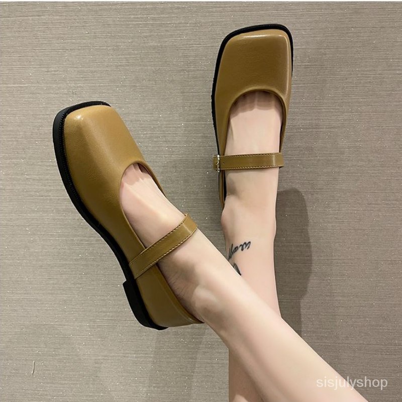 #Sisjuly# Sepatu kulit wanita baru French square toe flat bottom milk shoes wanita sepatu tunggal