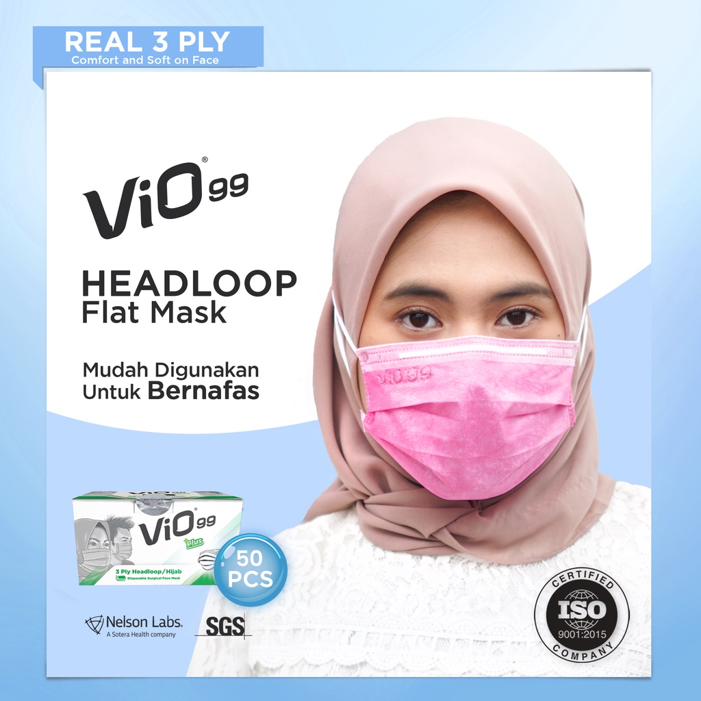 VIO Hijab Plus Mask '50S 3 ply Pink masker medis 99%