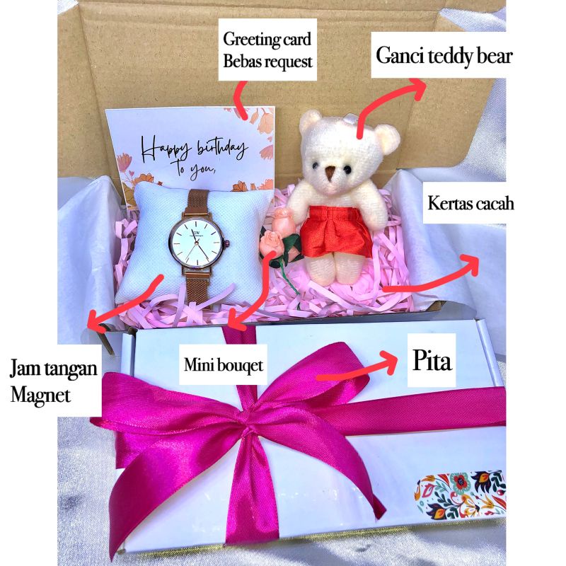 MINI 20X10 (JAM BONEKA) HAMPERS I KADO I GIFT BOX JAM TANGAN RANTAI PASIR MURAH jam tangan magnet hampers unik kado ulang tahun hampers simple mini scarlett whitening parfum boneka kado pacar kado sahabat Box hampers kotak hampers natal