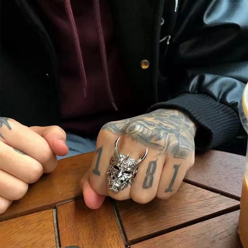 Baru Punk Taring Prajna Setan Topeng Cincin Untuk Pria Retro Gothic Monster Tengkorak Fashion Tren Aksesoris Jalanan