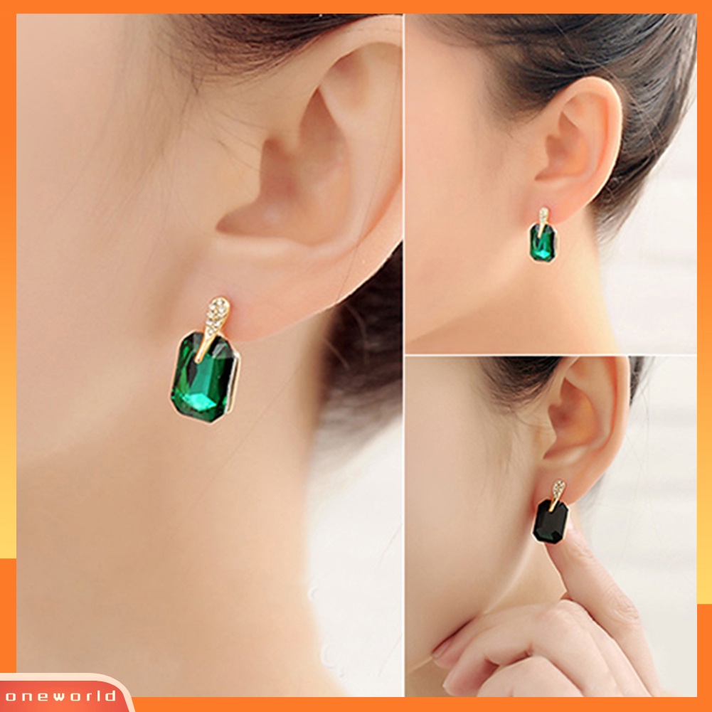 {oneworld} Wanita Elegan Persegi Panjang Berlian Imitasi Ear Studs Earrings Perhiasan Hadiah Ulang Tahun