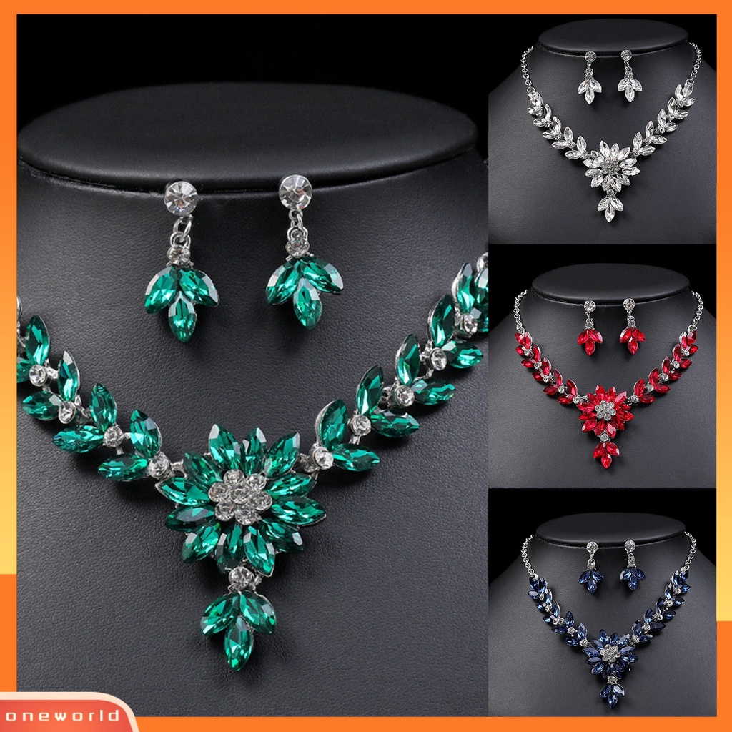 [ONE] 1set Menjuntai Anting Vintage Kristal Imitasi Pengerjaan Indah Warna Kontras Geometris Dekorasi Cantik Berlian Imitasi Pesta Malam Kalung Set Perhiasan Aksesori
