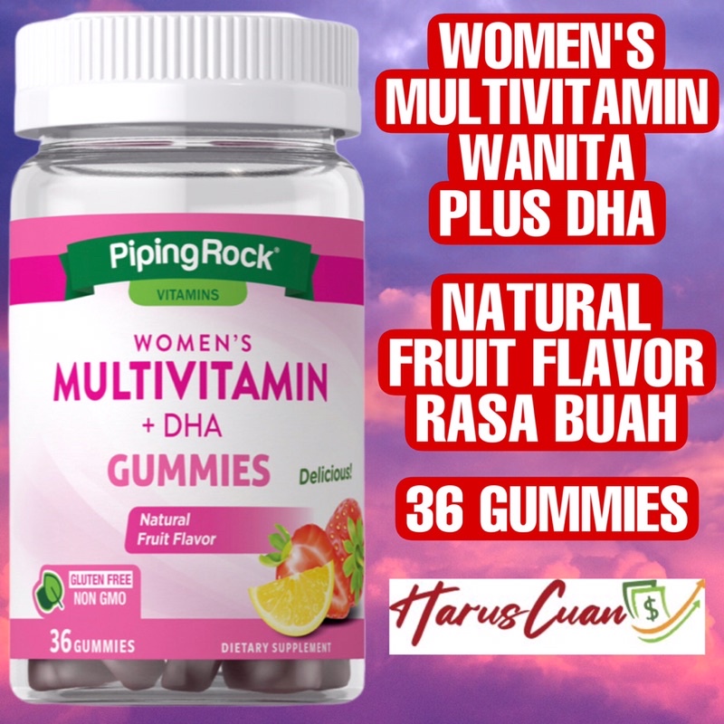 Piping Rock USA Wanita Women’s Multivitamin Plus DHA 36 Gummies Fruit Flavor Rasa Buah
