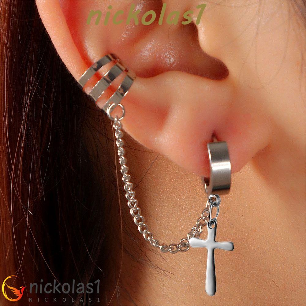 Nickolas1 Pria Anting Punk Retro Sederhana Rantai Berongga Bintang Tengkorak Hoops Anting Pentagram Pria Klip Telinga