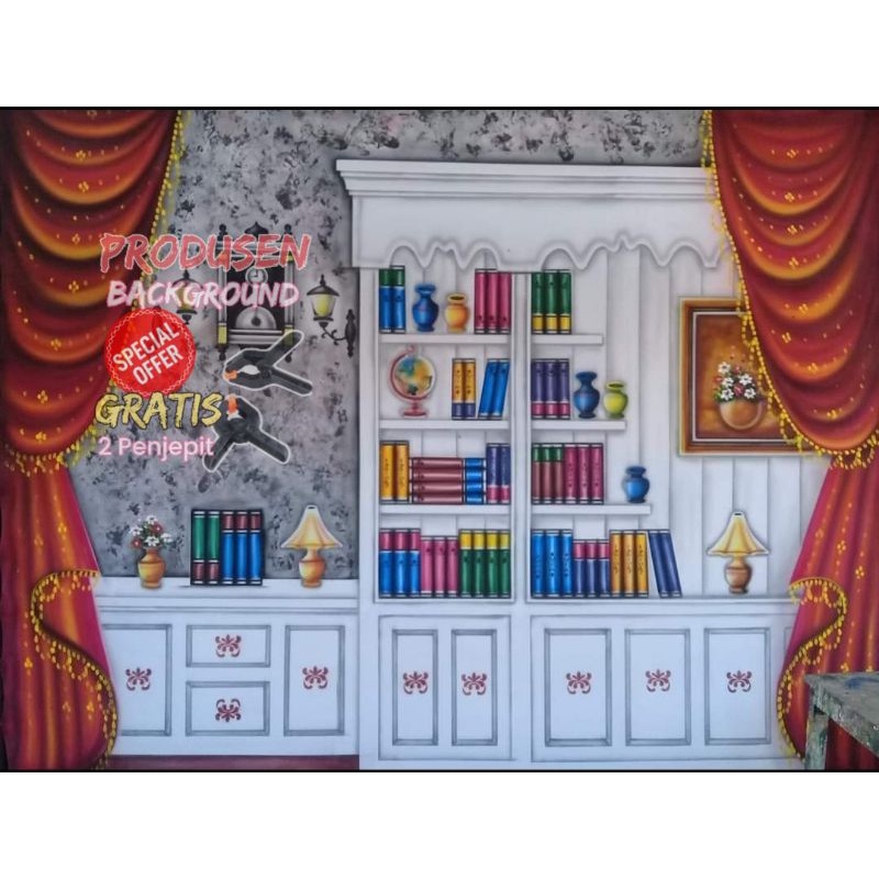 Tidak Terawang Lebih Tebal 3x2,5m Kain Background Kanvas Motif Wisuda Rak Buku Indoor