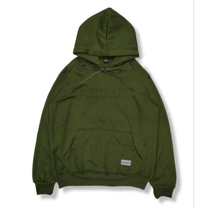 COD - JAKET SWEATER HOODIE PULL AND BEAR HIJAU ARMY JAKET PULLOVER SABLON EMBOSSED FONT TIMBUL HOODI