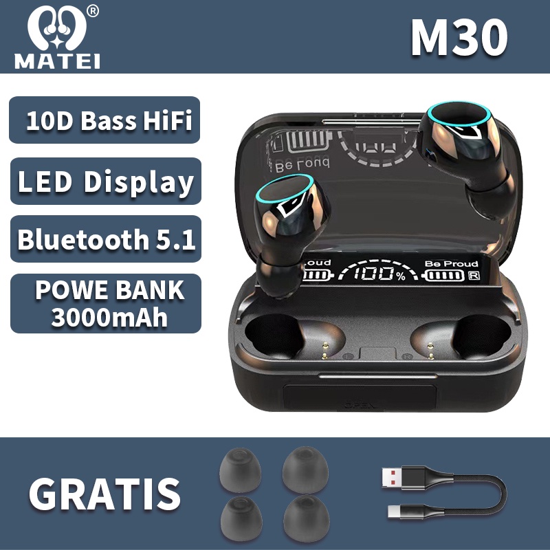 Matei Headset Bluetooth TWS EARPHONE M10  Digital Indicator V5.1 BLUETOOTH Wireless mega bass Headphones gaming super-Hitam-M30